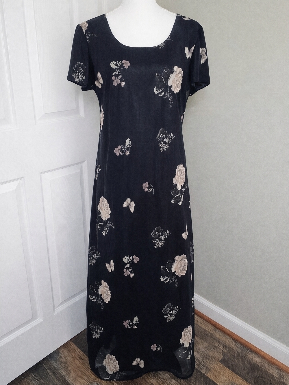 Jessica Howard 90s Y2K Maxi Slip Dress Black Floral Butterfly Sheer Overlay
